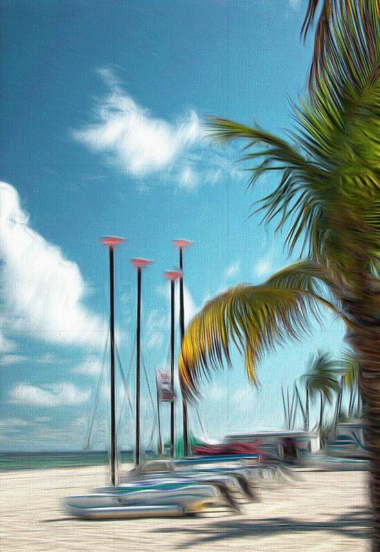 Row Of Sailboats On Beach Photo Art Print featuring the mixed media Row of Sailboats Painterly by Bob Pardue