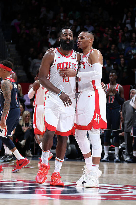 James Harden Art Print featuring the photograph Russell Westbrook and James Harden by Stephen Gosling