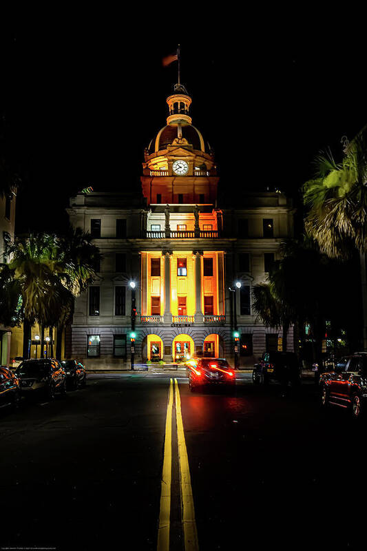 Savannah Art Print featuring the photograph Savannah City Hall at night by Kenny Thomas