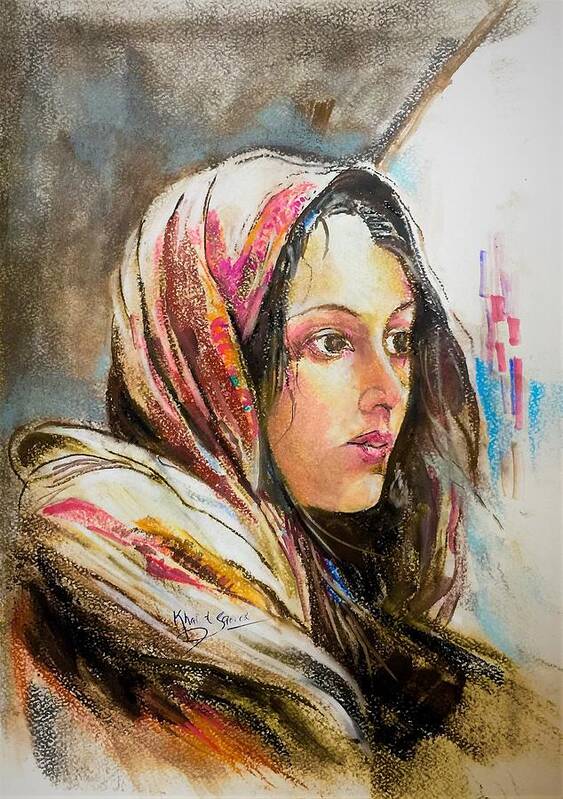 Portrait Art Print featuring the pastel Scarf wrapping by Khalid Saeed