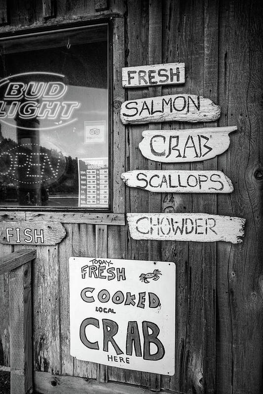 Black Art Print featuring the photograph Seafood Signs at the Dock Black and White by Debra and Dave Vanderlaan