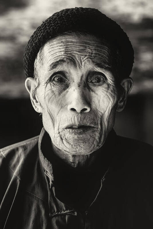 Asian And Indian Ethnicities Art Print featuring the photograph Senior Chinese Man BW Portrait by Mlenny