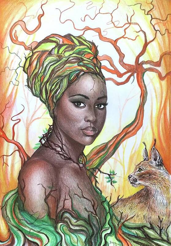 African Goddess Art Print featuring the drawing Serval goddess by Bernadett Bagyinka