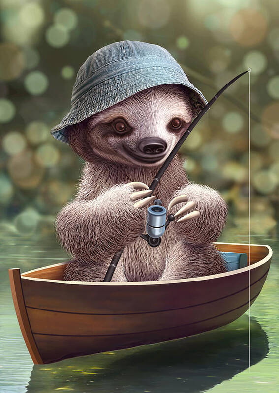 Sloth Art Print featuring the digital art Sloth Go Fishing by Adam Lawless