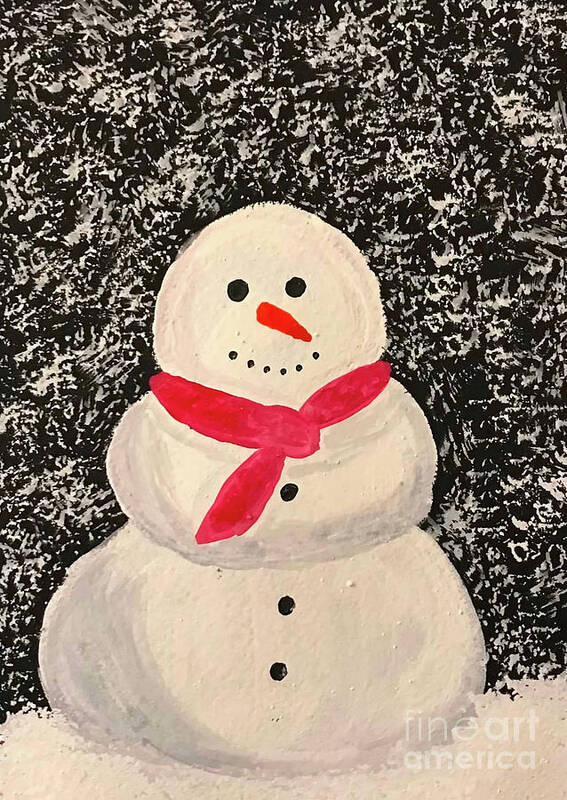 Snowman Art Print featuring the mixed media Snowman with Red Scarf by Lisa Neuman