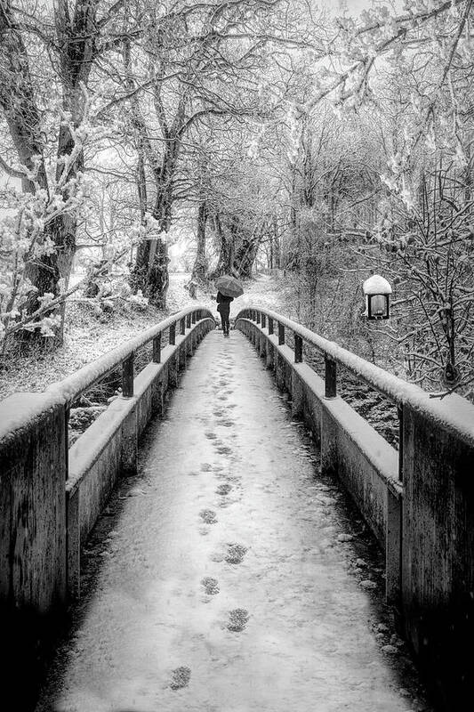 Bridge Art Print featuring the photograph Snowy Walk in Black and White by Debra and Dave Vanderlaan