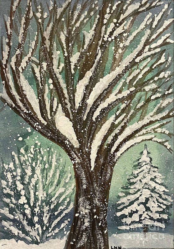 Snowy Yard Art Print featuring the painting Snowy yard by Lisa Neuman