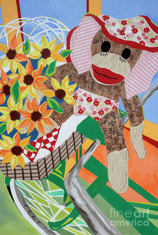 Baby Sock Monkey Painting Art Print featuring the painting Sock Monkey and The Green Bike by Jane Crabtree