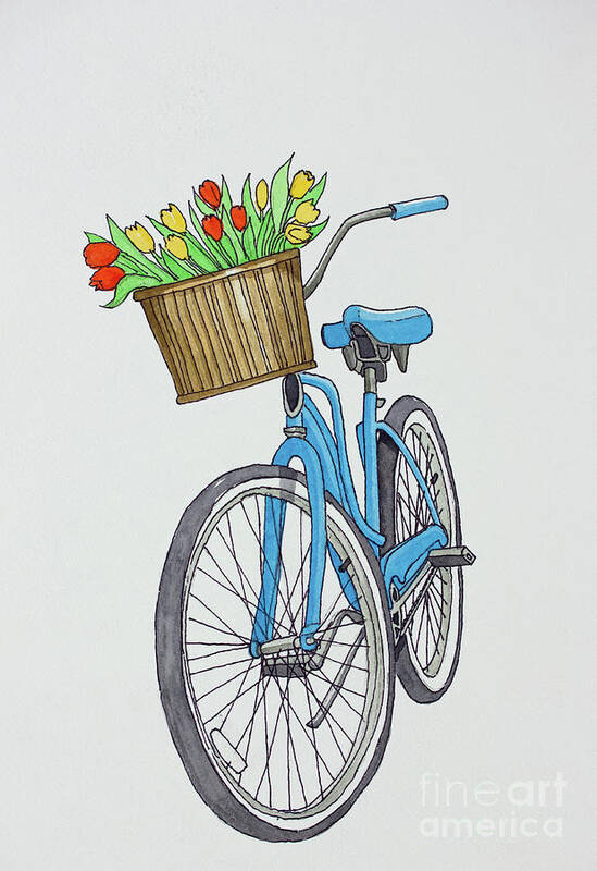 Spring Tulip Bike A Pen & Ink Watercolor Painting By Norma Appleton Art Print featuring the painting Spring Tulip Bike by Norma Appleton