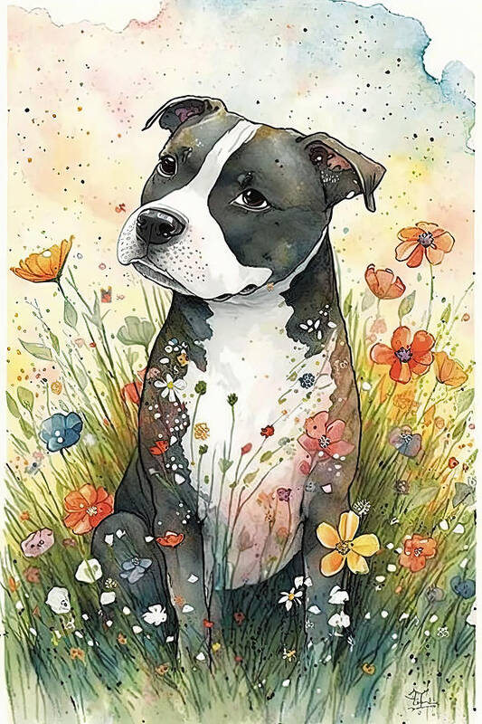 Staffordshire Bull Terrier Art Print featuring the digital art Staffordshire Bull Terrier in flower field by Debbie Brown
