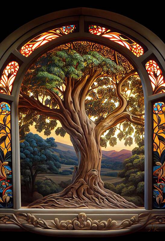 Stained-glass Art Print featuring the digital art Stained-Glass Oak Tree Window by Adrian Reich
