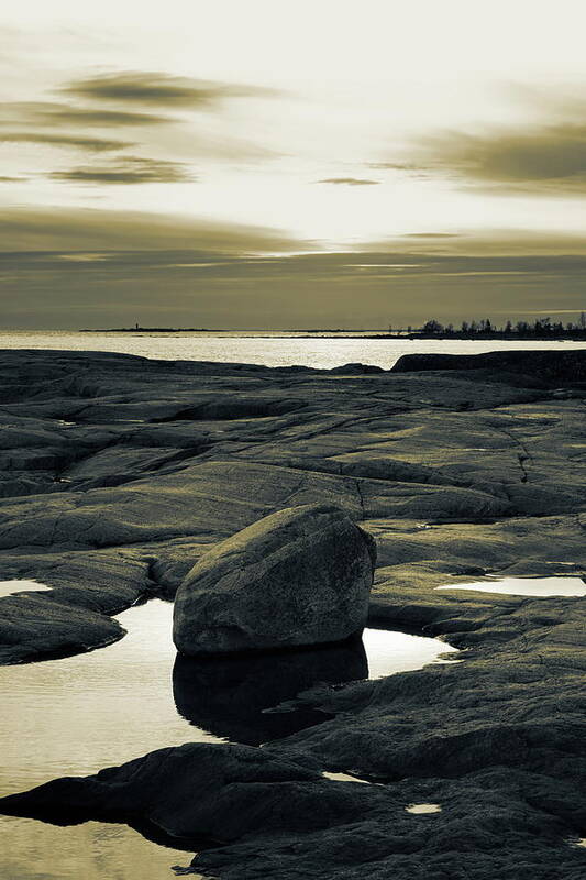Baltic Sea Art Print featuring the photograph Standing at dusk at the rocky shore of the sea - duotone by Ulrich Kunst And Bettina Scheidulin