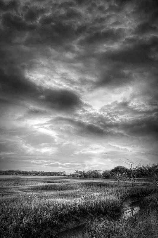 Clouds Art Print featuring the photograph Sunrise Clouds over the Marsh Black and White by Debra and Dave Vanderlaan