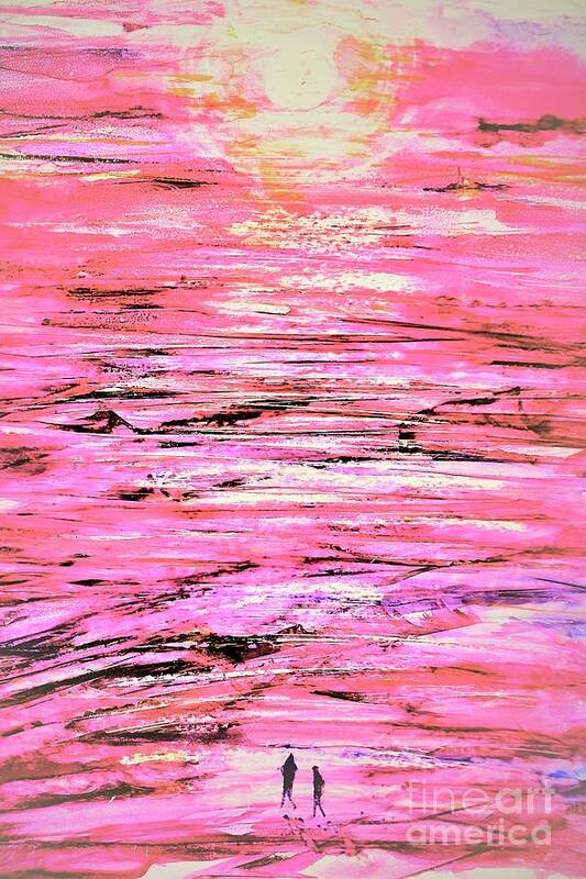 Pink Art Print featuring the painting Sunset Beach Walk- Abstract Pink by Patty Donoghue