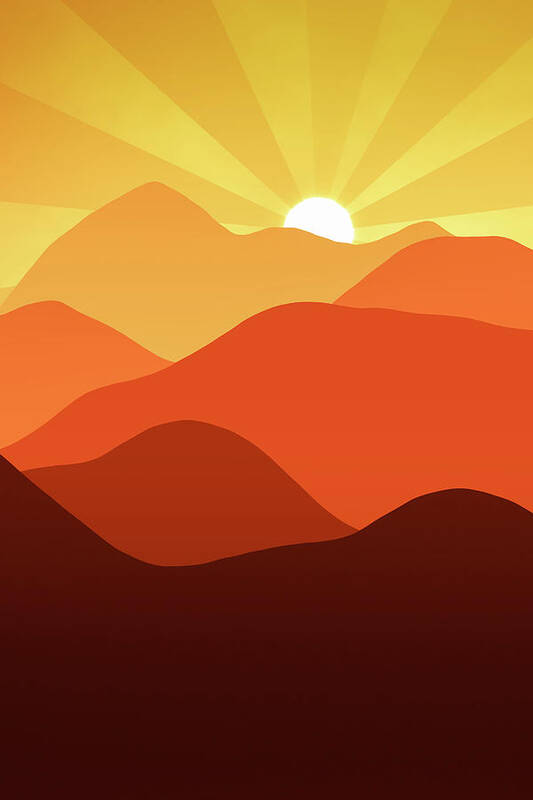 Minimalism Art Print featuring the digital art Sunset in the mountains abstract minimalist art warm orange tones by Matthias Hauser