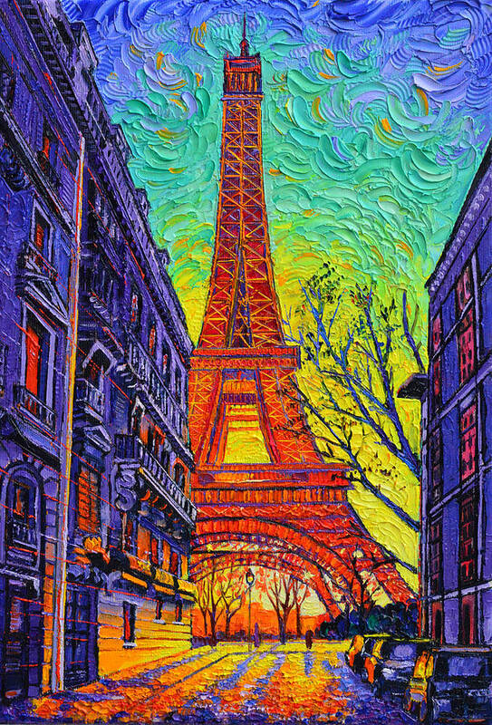Paris Art Print featuring the painting SUNSET ON RUE DE L' UNIVERSITE PARIS EIFFEL TOWER textural impressionism art Ana Maria Edulescu by Ana Maria Edulescu