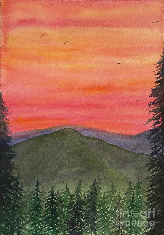 Sunset Art Print featuring the painting Sunset Trees by Lisa Neuman