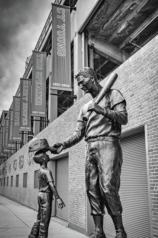 Boston Art Print featuring the photograph Ted Williams Statue At Fenway Stadium - Black and White by Gregory Ballos