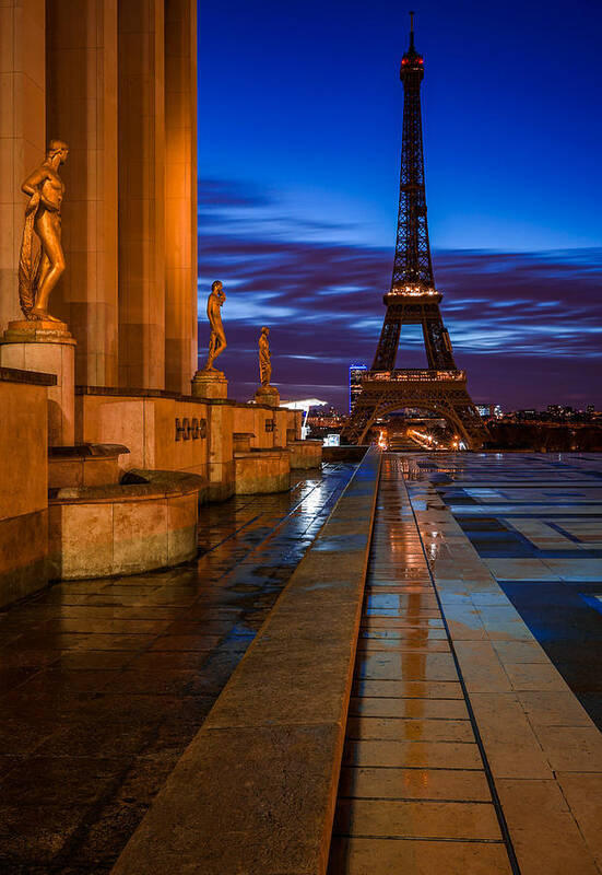 Eiffel Tower Art Print featuring the photograph The beautiful statues of Paris and Eiffel Tower in France, seen from Trocadero on a lonely night. by George Afostovremea