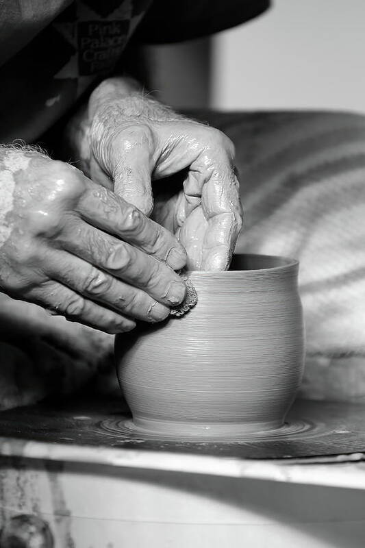 Ceramic Art Print featuring the photograph The Potter's Hands bw by Lens Art Photography By Larry Trager