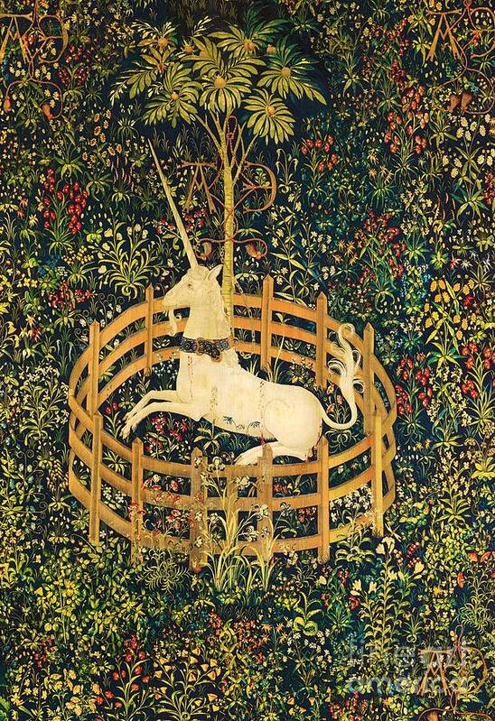 The Unicorn Rests In A Garden Art Print featuring the painting The Unicorn Rests in a Garden by The Unicorn Tapestries