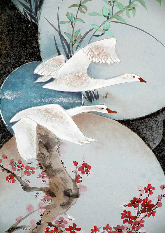 Cranes Art Print featuring the painting Travel with Time by Vina Yang