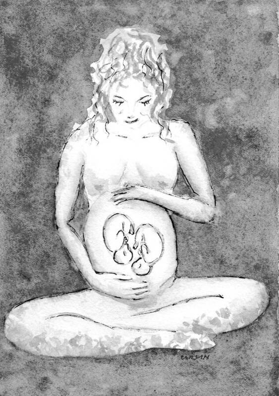 Twins Art Print featuring the painting Twin Pregnancy Black and White by Carlin Blahnik CarlinArtWatercolor