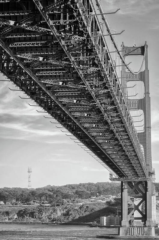 Golden Gate Bridge Art Print featuring the photograph Underside View of the Golden Gate Bridge San Francisco Black and White by Shawn O'Brien