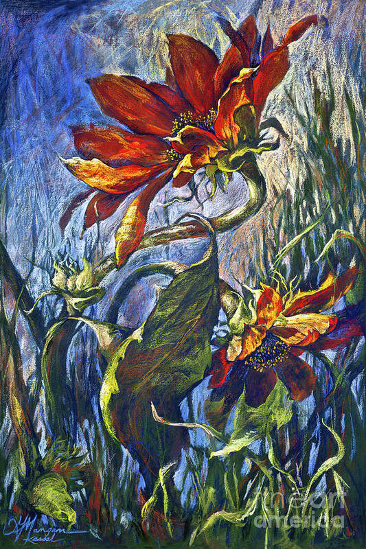 Crimson Sunflower Art Print featuring the painting Veering Winds by Gayle Mangan Kassal
