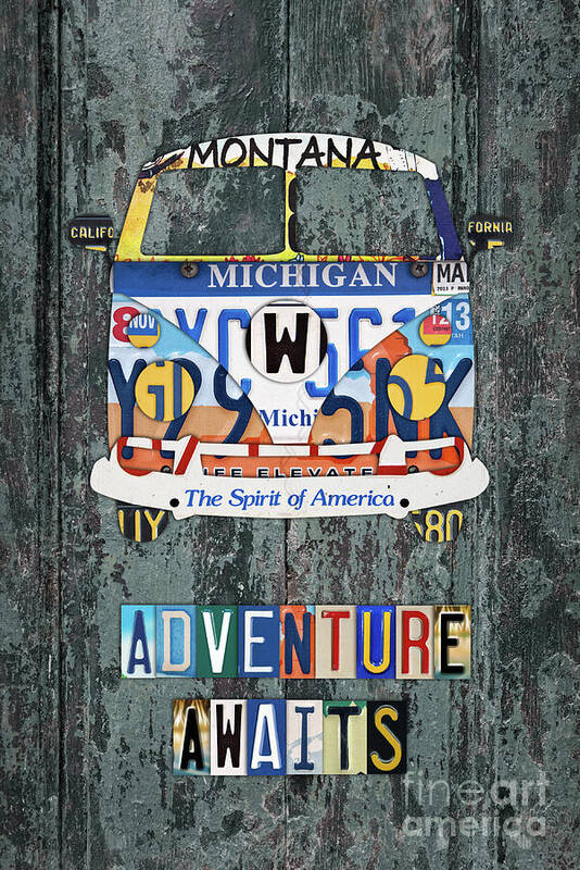 Camper Art Print featuring the mixed media Vintage bus, license plates by Delphimages Photo Creations