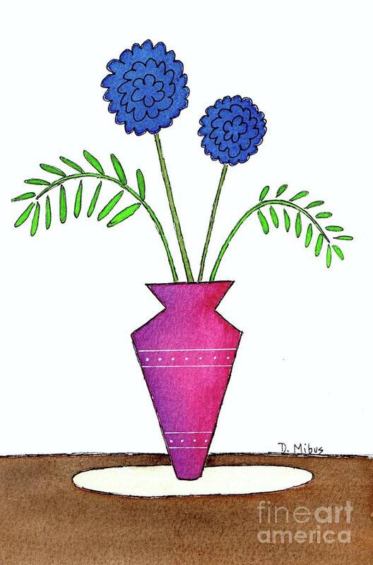 Mid Century Modern Flowers Art Print featuring the painting Whimsical Blue Flowers in Pinkish Purple Vase by Donna Mibus