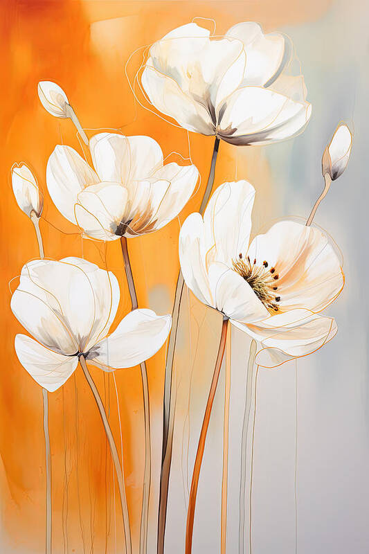 Minimalist White Flowers Art Print featuring the painting White and Cream Flowers against Burnt Orange by Lourry Legarde