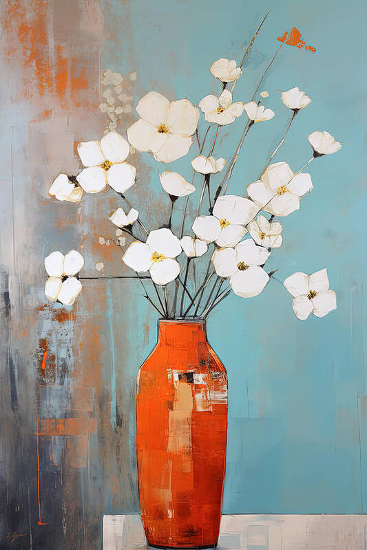 Orange Vase Art Print featuring the painting White Blooms against a Vibrant Orange by Lourry Legarde