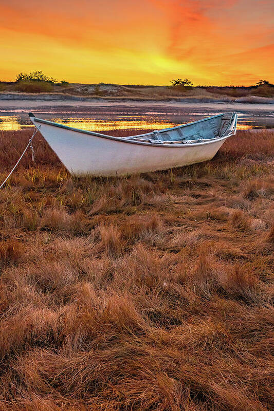 New Hampshire Art Print featuring the photograph White Dory, Sunrise Fire by Jeff Sinon