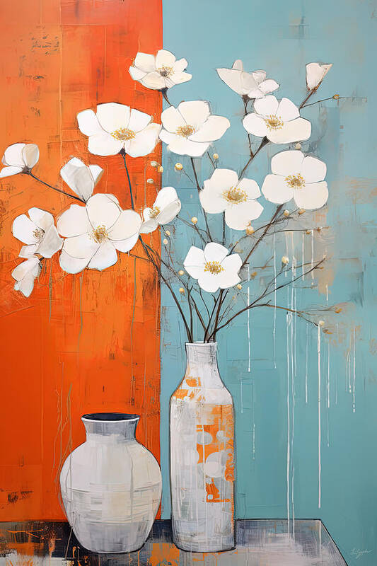 Burnt Orange Flowers Art Print featuring the painting White Flowers against Orange and Blue by Lourry Legarde