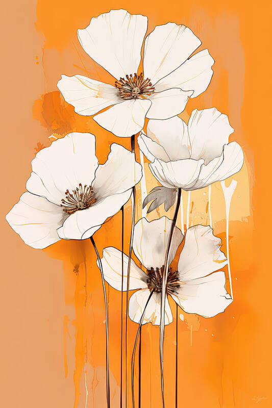White Flowers On Burnt Orange And Turquoise Background Art Print featuring the painting White Flowers Against Orange Background by Lourry Legarde