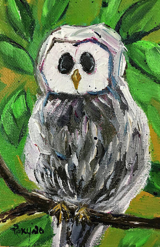 Owl Art Print featuring the painting White Owl in Foilage by Roxy Rich
