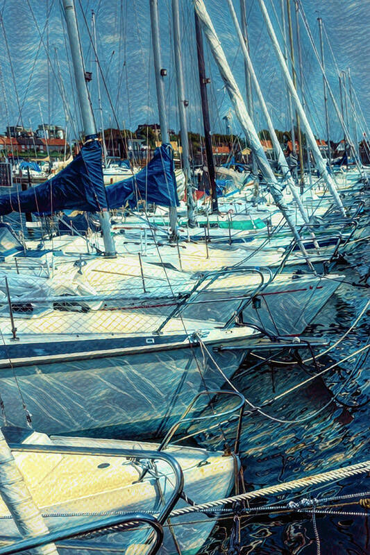 Boats Art Print featuring the photograph White Sailboats in the Harbor Nautical Painting by Debra and Dave Vanderlaan