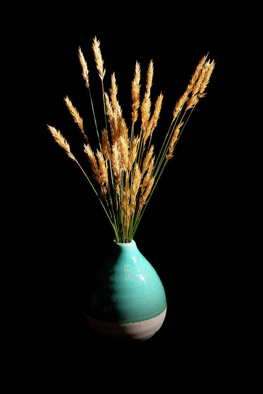 Grass Art Print featuring the photograph Wild Grasses in Teal Ceramic Vase by Charles Floyd