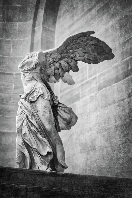 Winged Victory Art Print featuring the photograph Winged Victory of Samothrace Black and White by Carol Japp