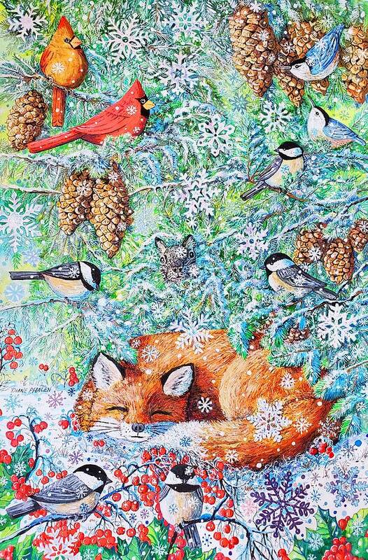 Fox Art Print featuring the painting Winter Sleeping Fox by Diane Phalen
