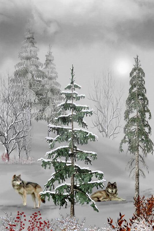 Wolf Art Print featuring the mixed media Wolves In The Winter Forest Color by David Dehner