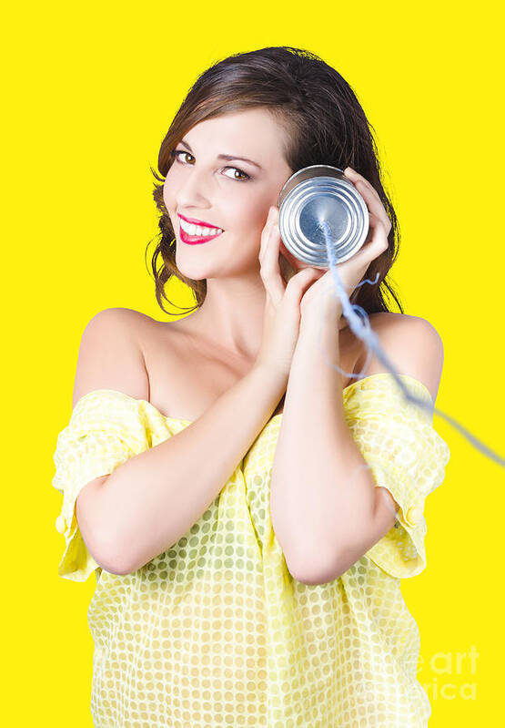 Telephone Art Print featuring the photograph Woman listening with tin can phone to ear by Jorgo Photography