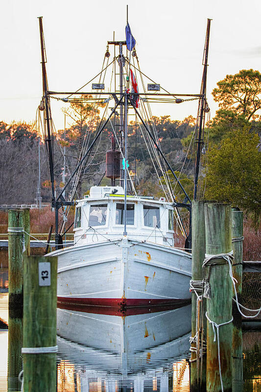 Trawler Art Print featuring the photograph Wooden Trawler in Harbor at Harkers Island NC by Bob Decker
