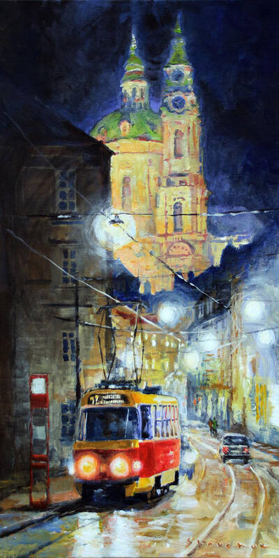 Acrylic On Canvas Art Print featuring the painting Midnight Tram Prague Karmelitska str by Yuriy Shevchuk