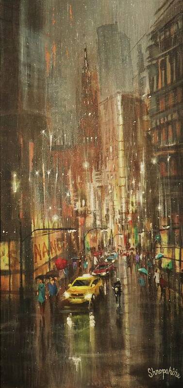 City Rain Art Print featuring the painting Chicago Rain by Tom Shropshire