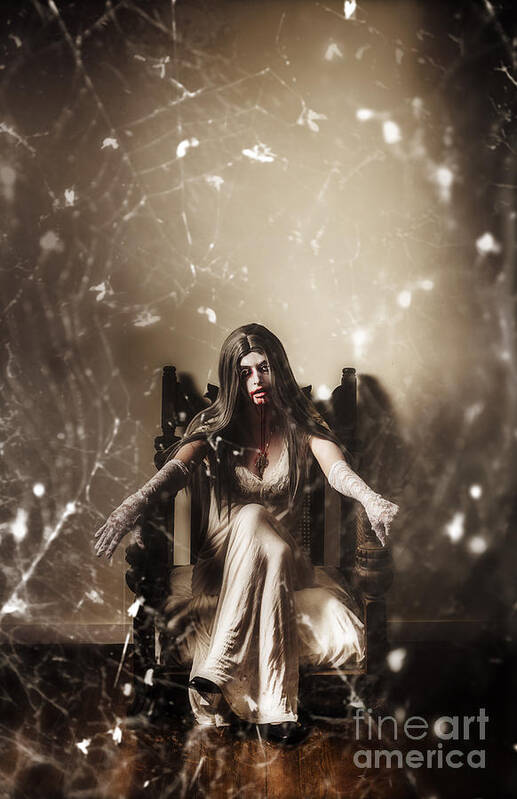 Horror Art Print featuring the photograph Dark portrait of a demon woman in haunted house by Jorgo Photography