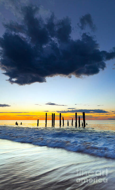 Ruins Of The Old Port Willunga Jetty Seascape Seascapes Sea Waves Ocean Salt Water Clouds South Australia Australian People Photographing Beach Art Print featuring the photograph Port Willunga Sunset by Bill Robinson