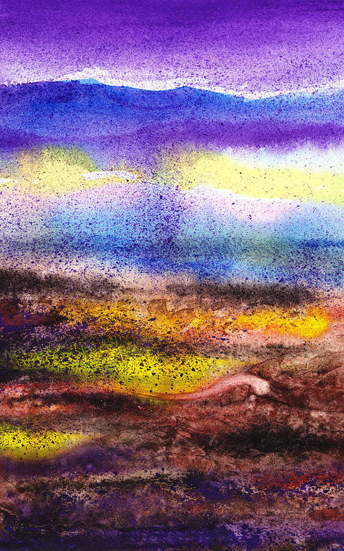 Abstract Art Print featuring the painting Abstract Landscape Purple Sunrise Yellow Fog by Irina Sztukowski