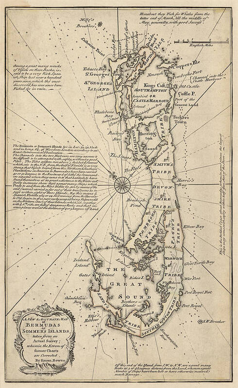 Bermuda Art Print featuring the drawing Antique Map of Bermuda by Emanuel Bowen - 1750 by Blue Monocle